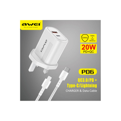 AWEI PD6 Super Fast Charging Combo (Adapter + 1M Type-C Cable) - White