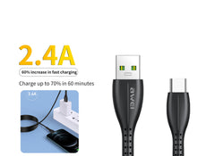 AWEI CL-115 USB Type C Cable 2.4A Fast Charging Wire Cord (1M) - Black